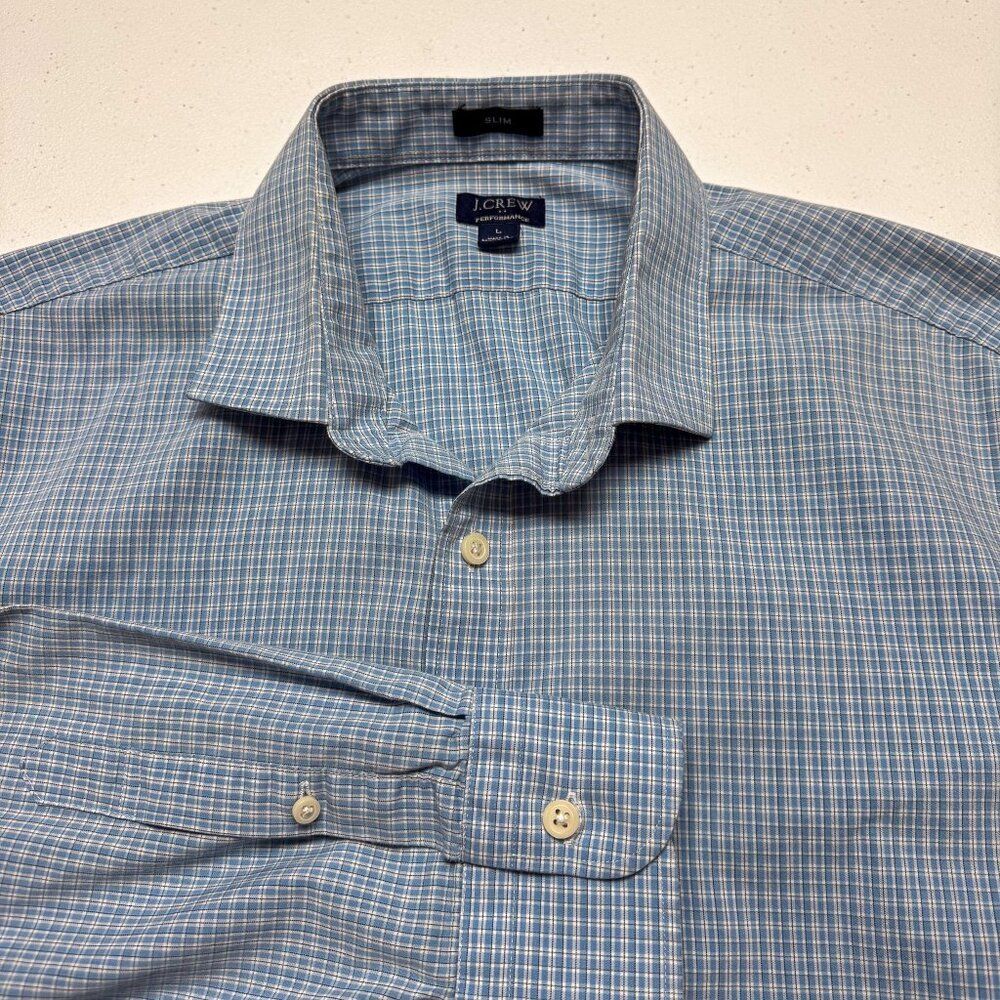 J Crew Shirt Mens Large Slim Blue‎ White Plaid Performance Golf Preppy Casual
